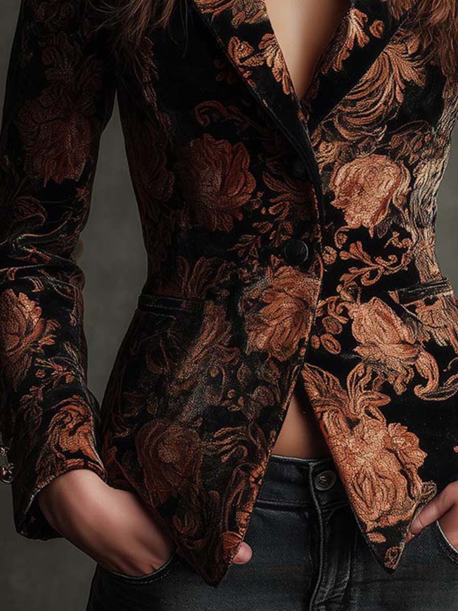 Kara - Women’s Black And Bronze Floral Print Tailored Blazer