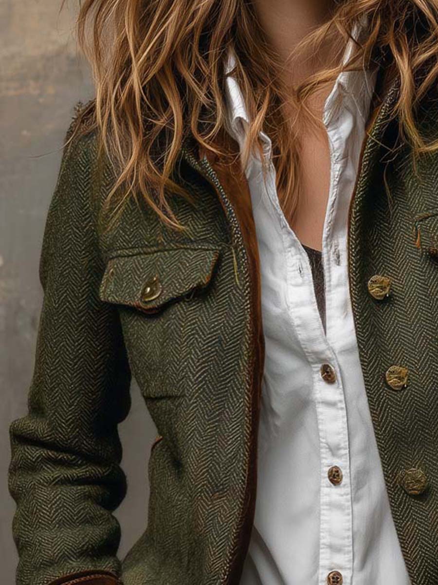 Magdalene - Women’s Vintage Herringbone Contrast Trim Blazer