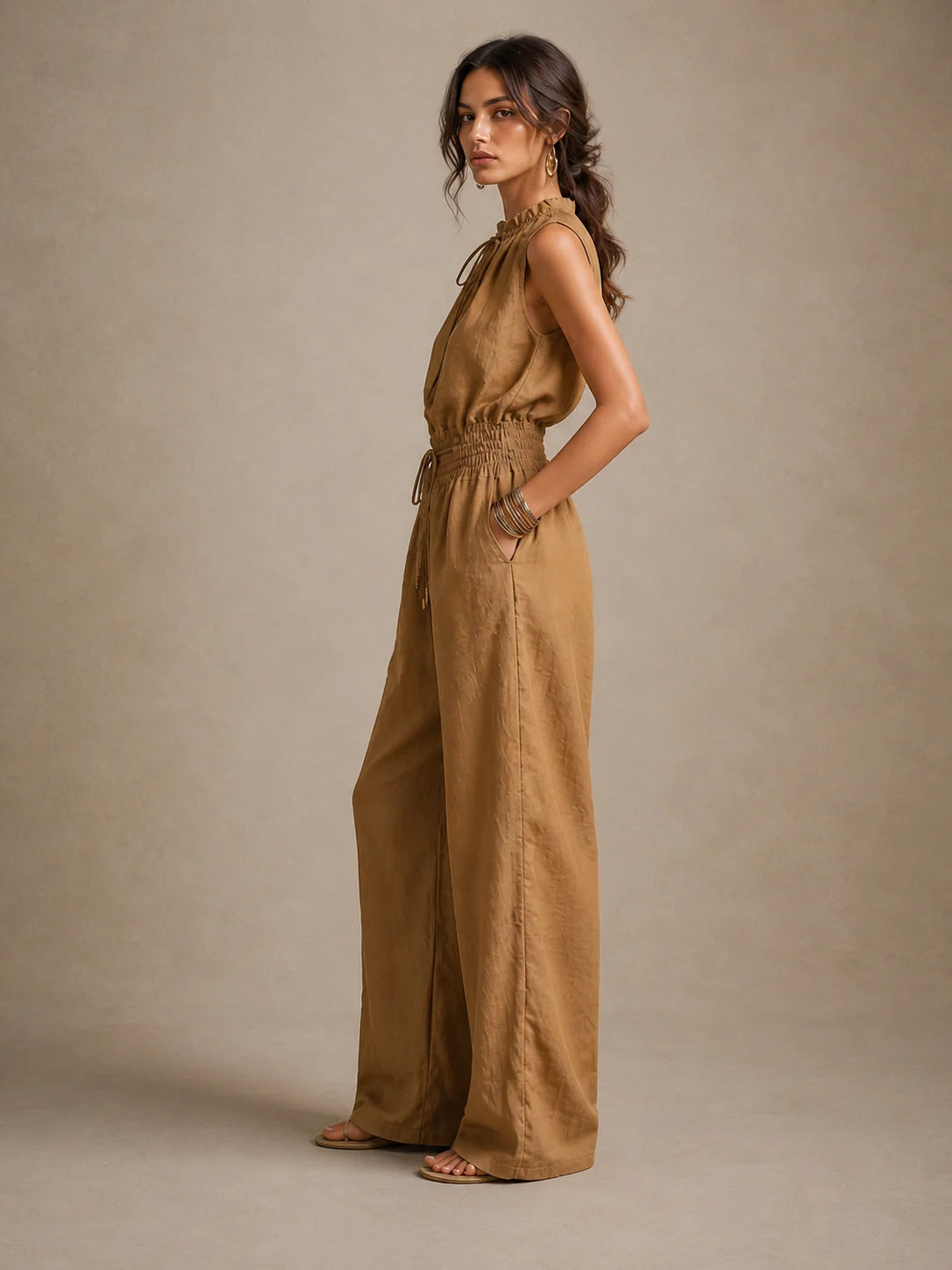 Louisa - Wide Leg Camel Jumpsuit