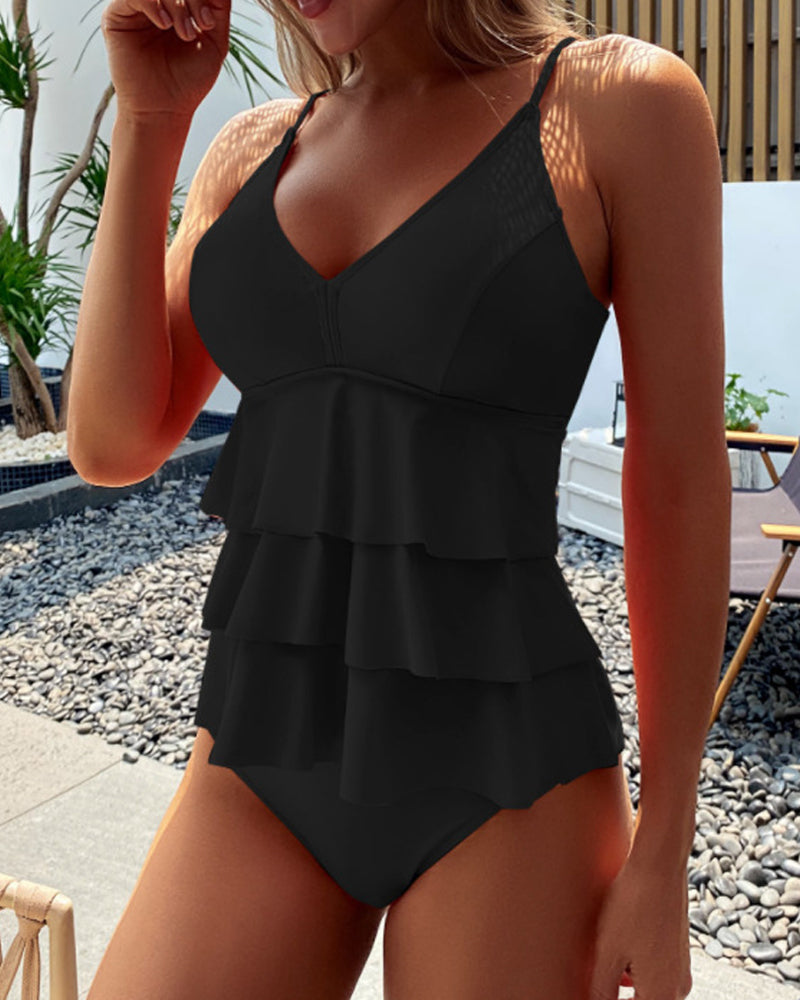 Susan - Plain Swimsuit With Elegant Ruffles