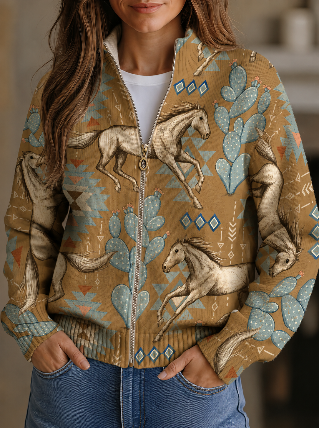 Bernadette - Desert Horse and Cactus Zip Cardigan
