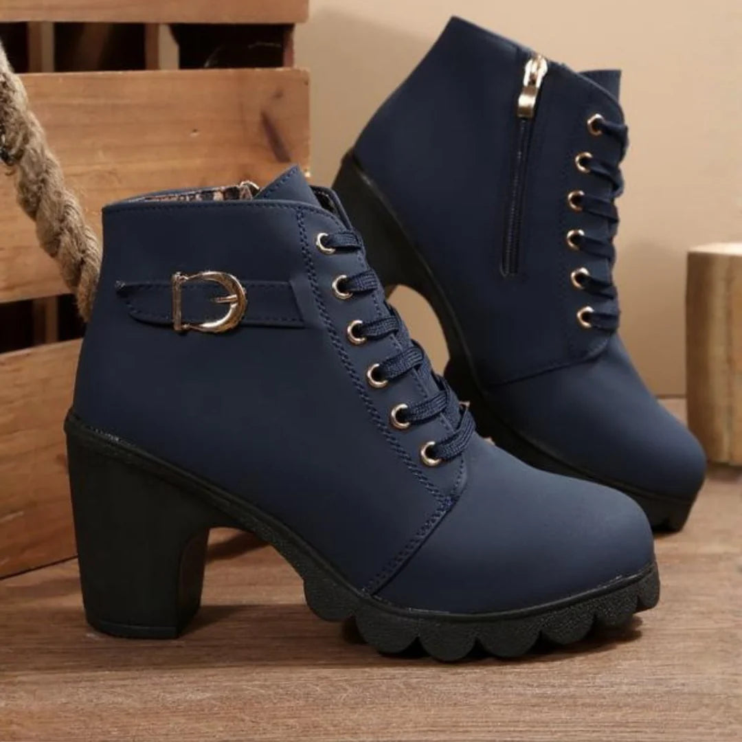 Katya – Chic Lace-Up Metal Buckle Ankle Boots