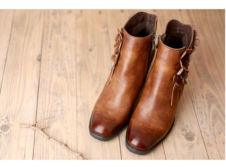 Juliette - Retro Handmade Floral Leather Solid Color Ankle Boots