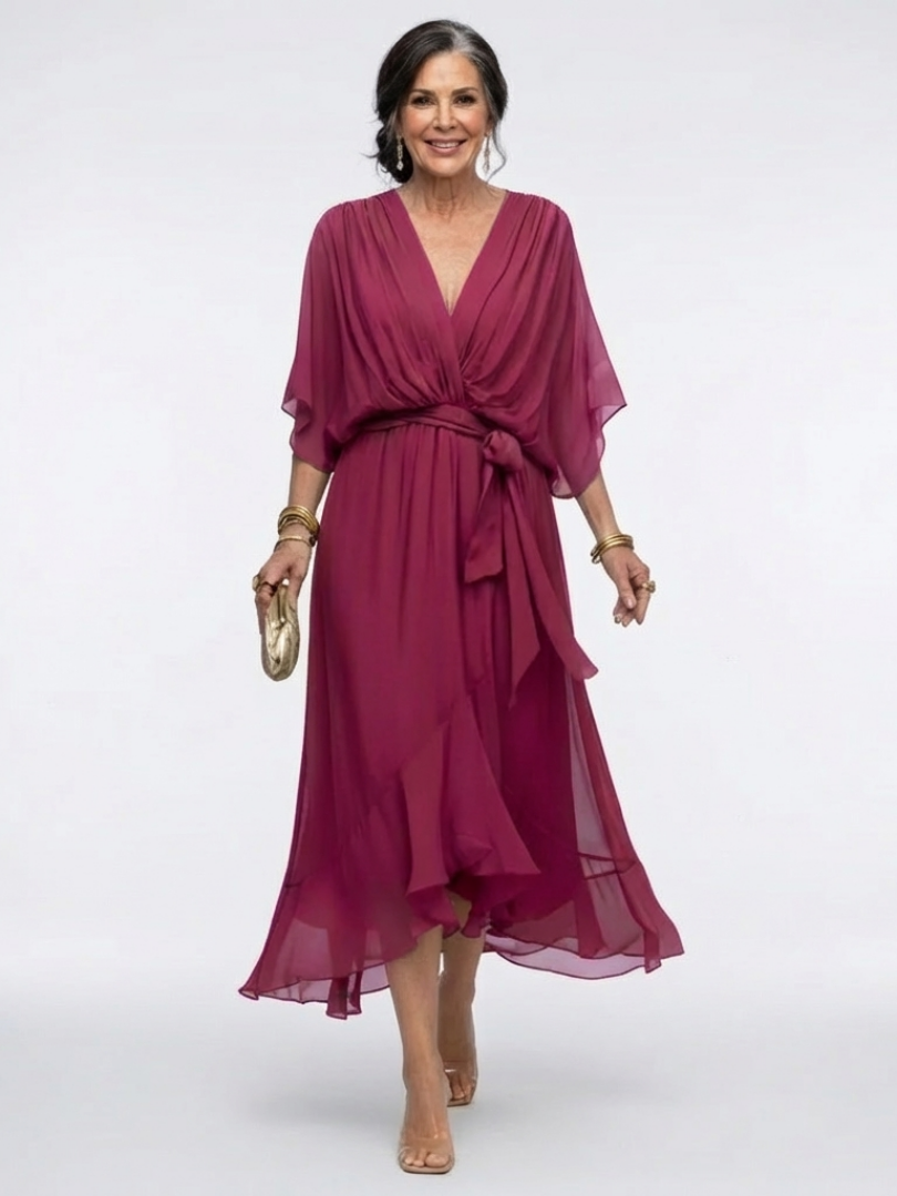 Roa - V-Neck Draped Waist Midi Dress