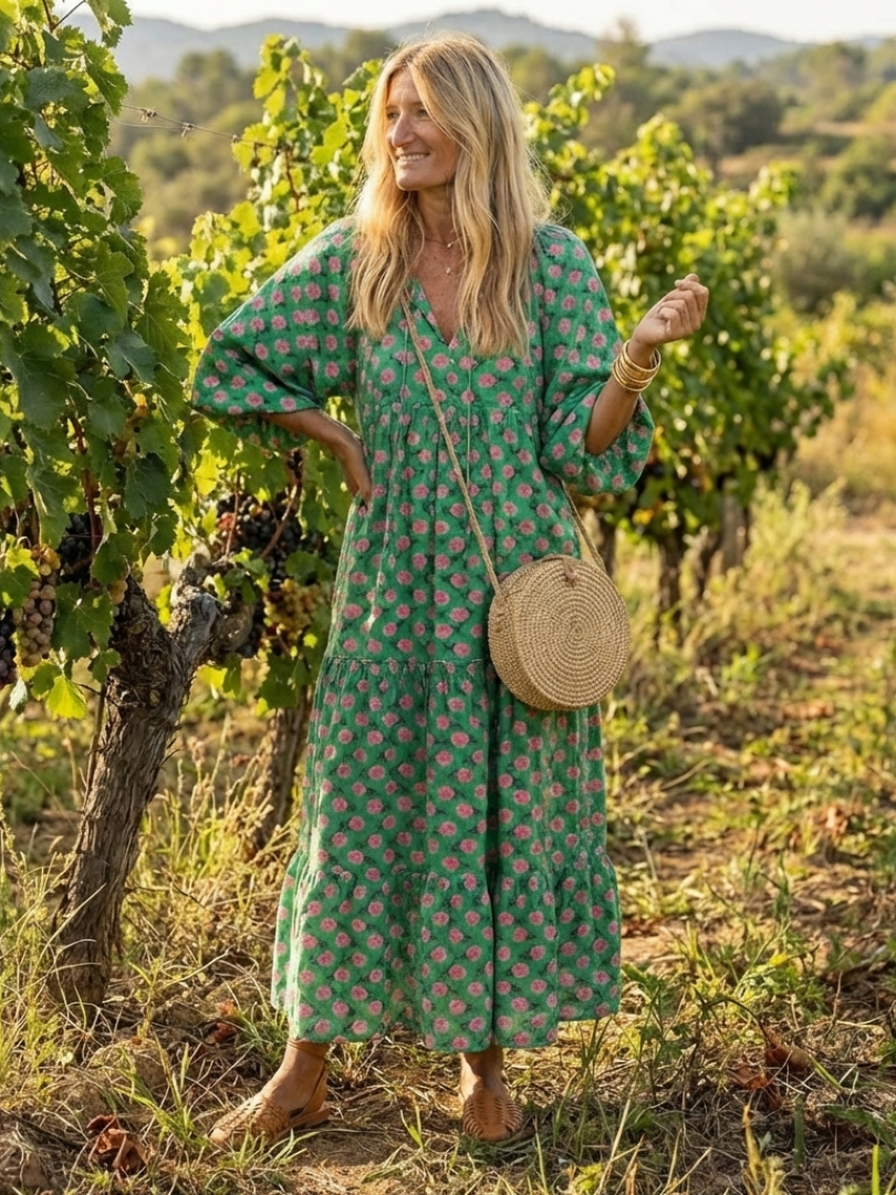Francine - Floral Print V-Neck Tiered Midi Dress