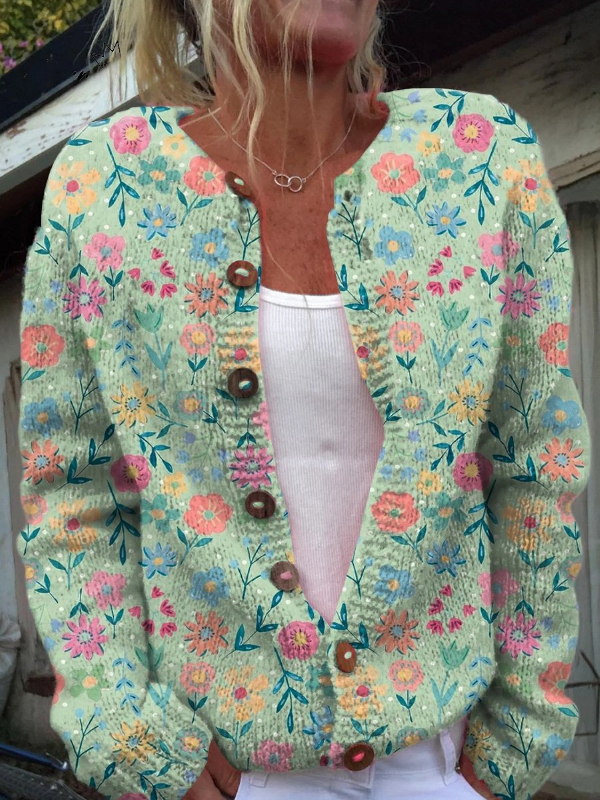 Madeline - Floral Pattern Print Buttoned Cardigan