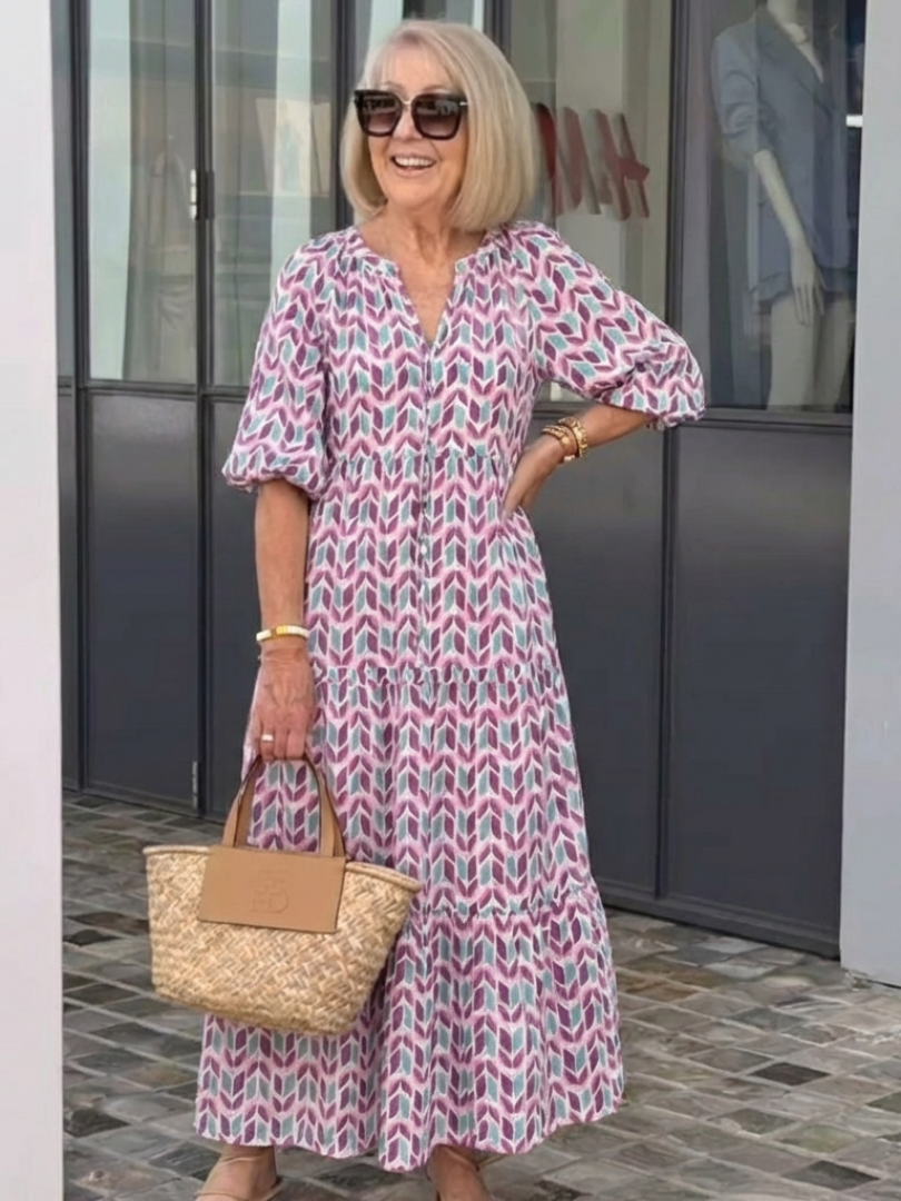 Myra - Geometric Print Long Sleeve Midi Dress