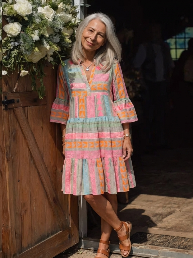 Maricel - Geometric Print V-Neck Dress