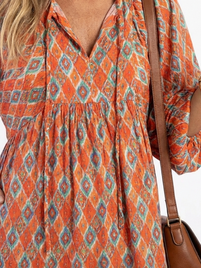 Mauie - Geometric Print V-Neck Midi Dress
