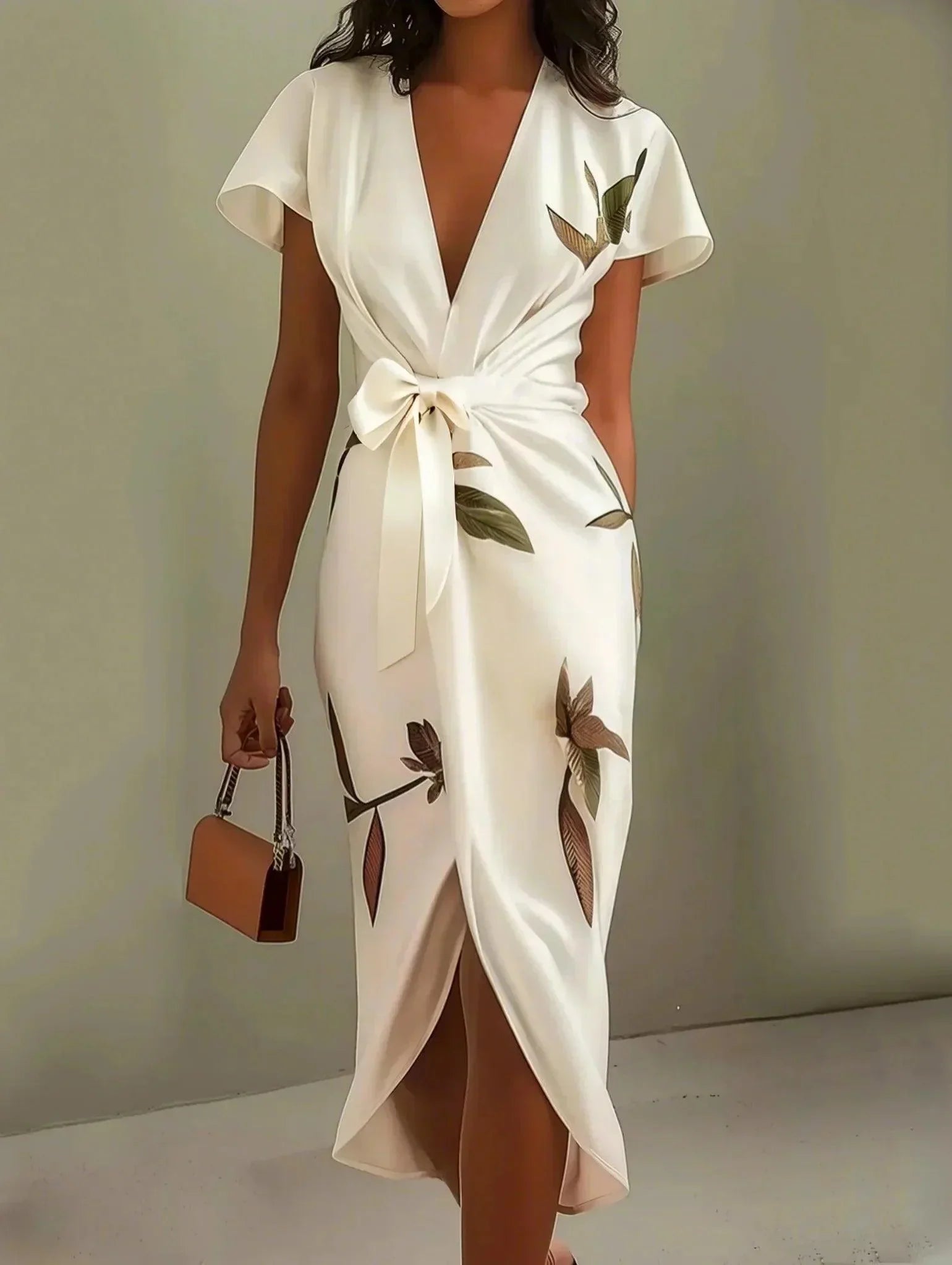 Anelie – Elegant Wrap Dress with Leaf Print