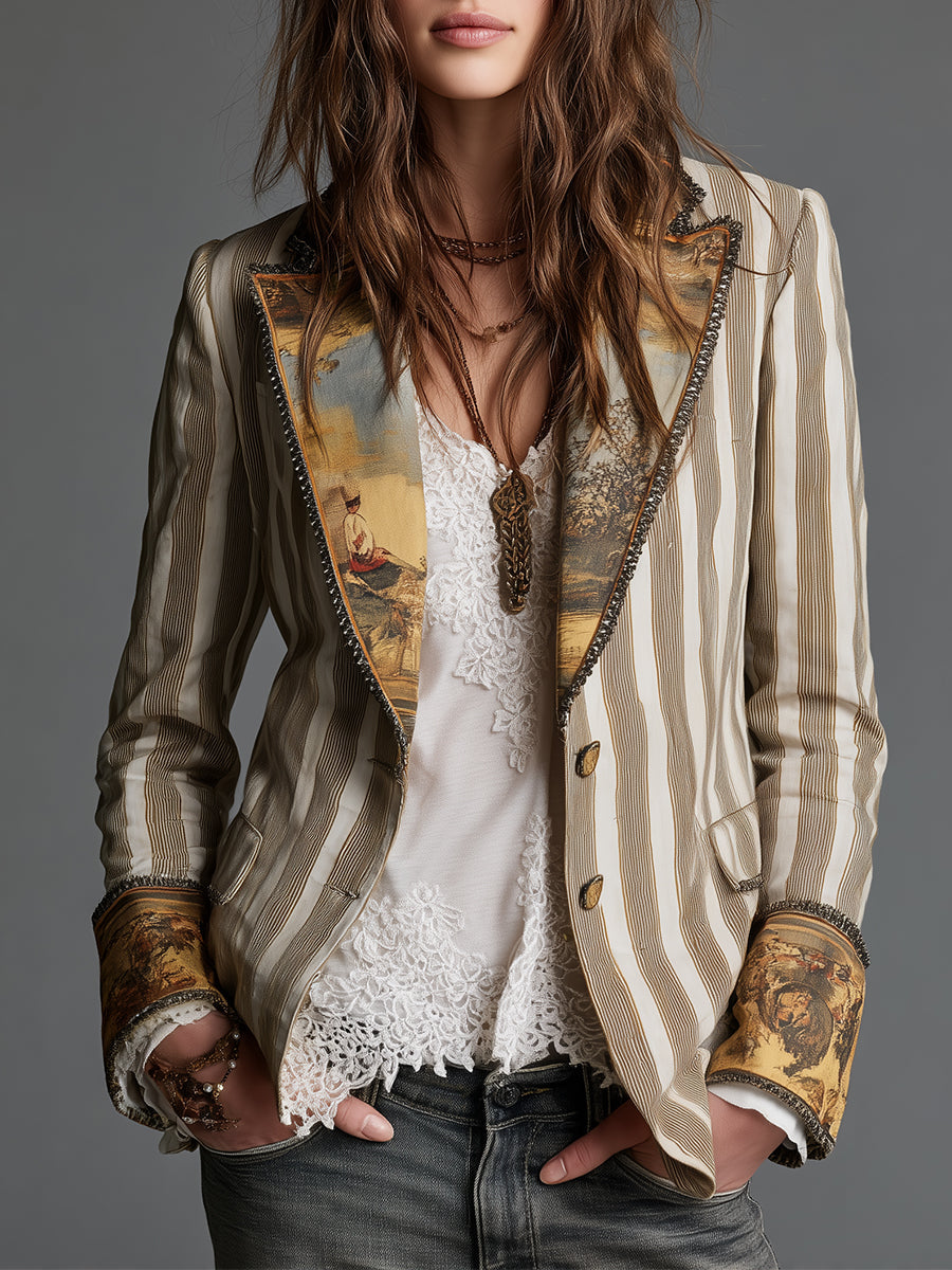 Wendy - Women’s Boho Striped Printed Lapel Blazer