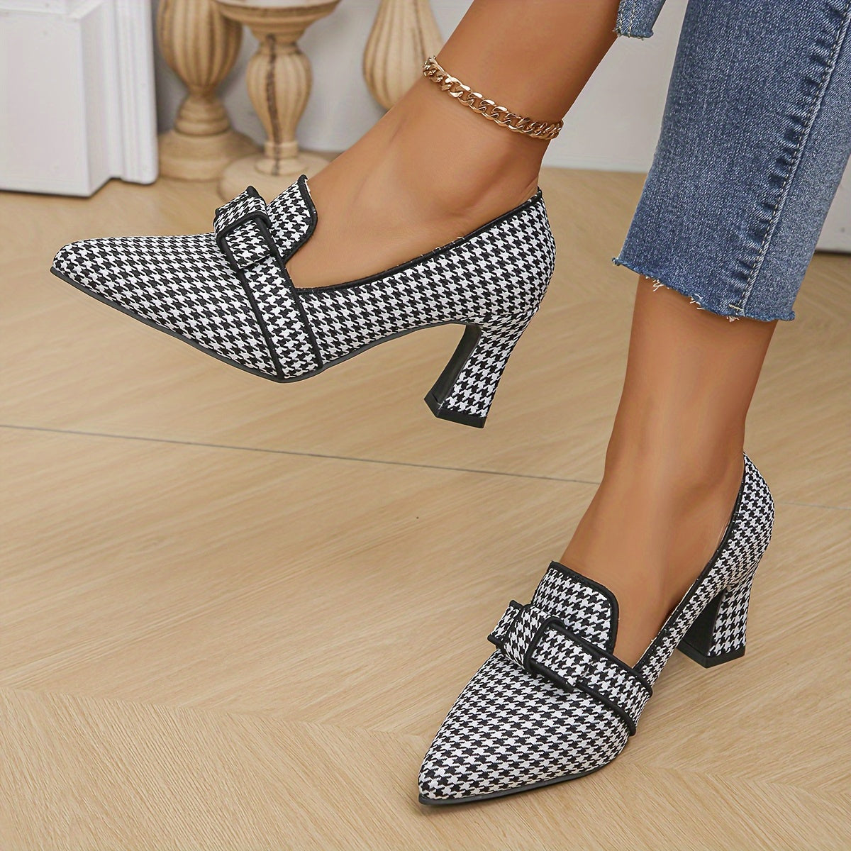 Emanuelle – Structured Elegance Houndstooth Heels