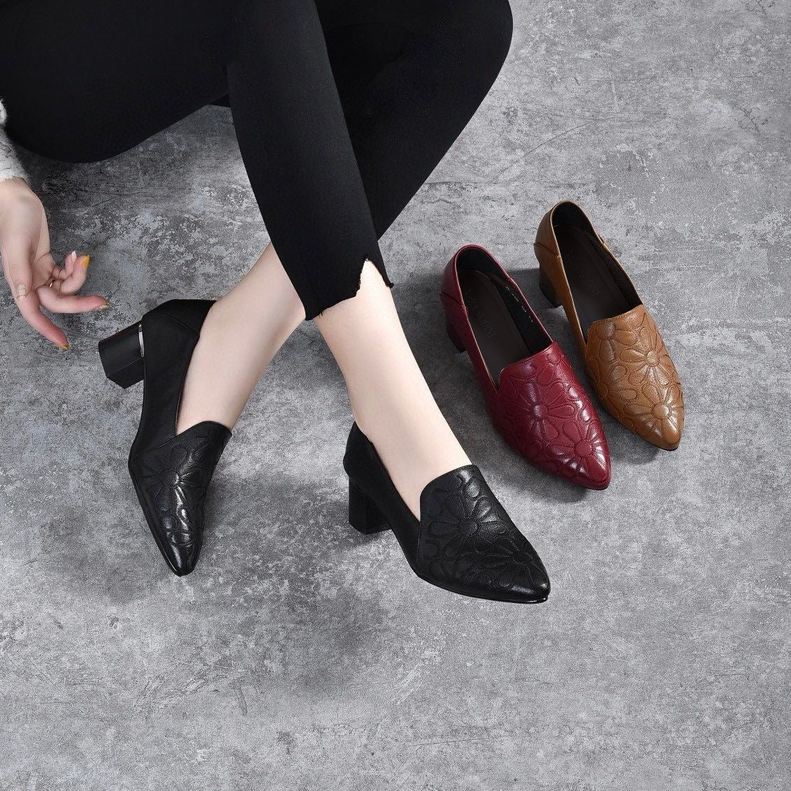 Tonette - Soft Vegan Leather Embroidered Pumps