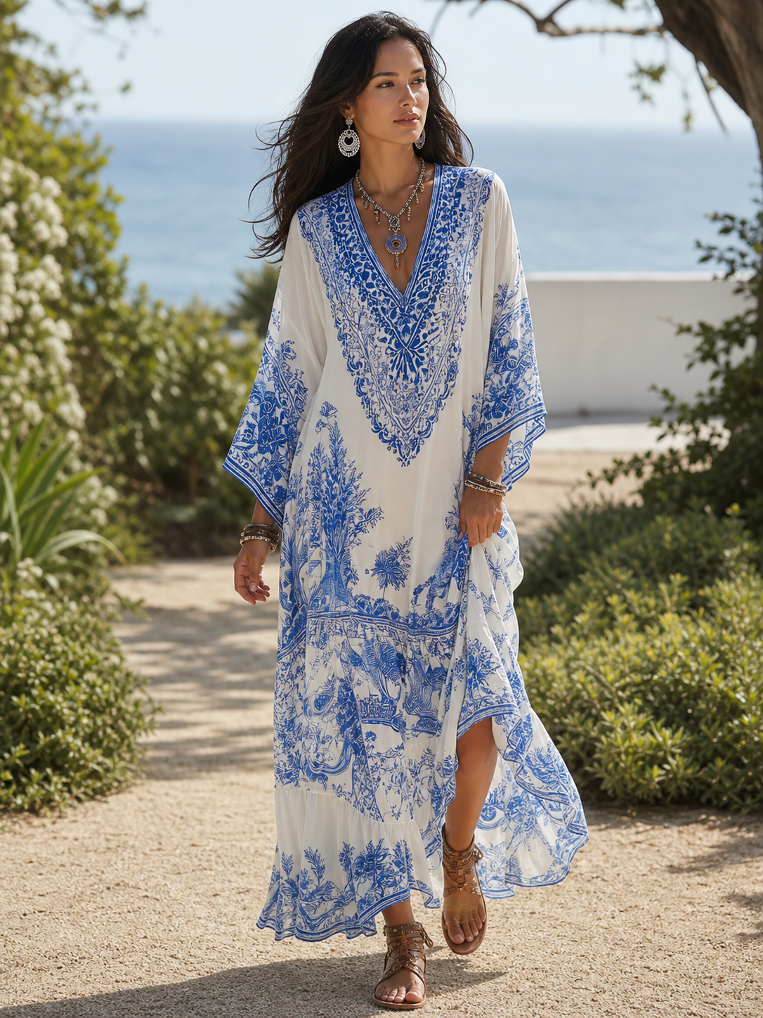 Celeste – Blue Porcelain Print Kaftan Dress