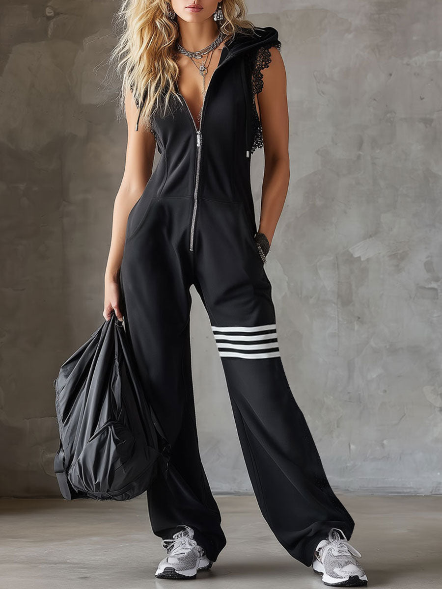 Evira - Retro Sports Jumpsuit with Hood and Stripes