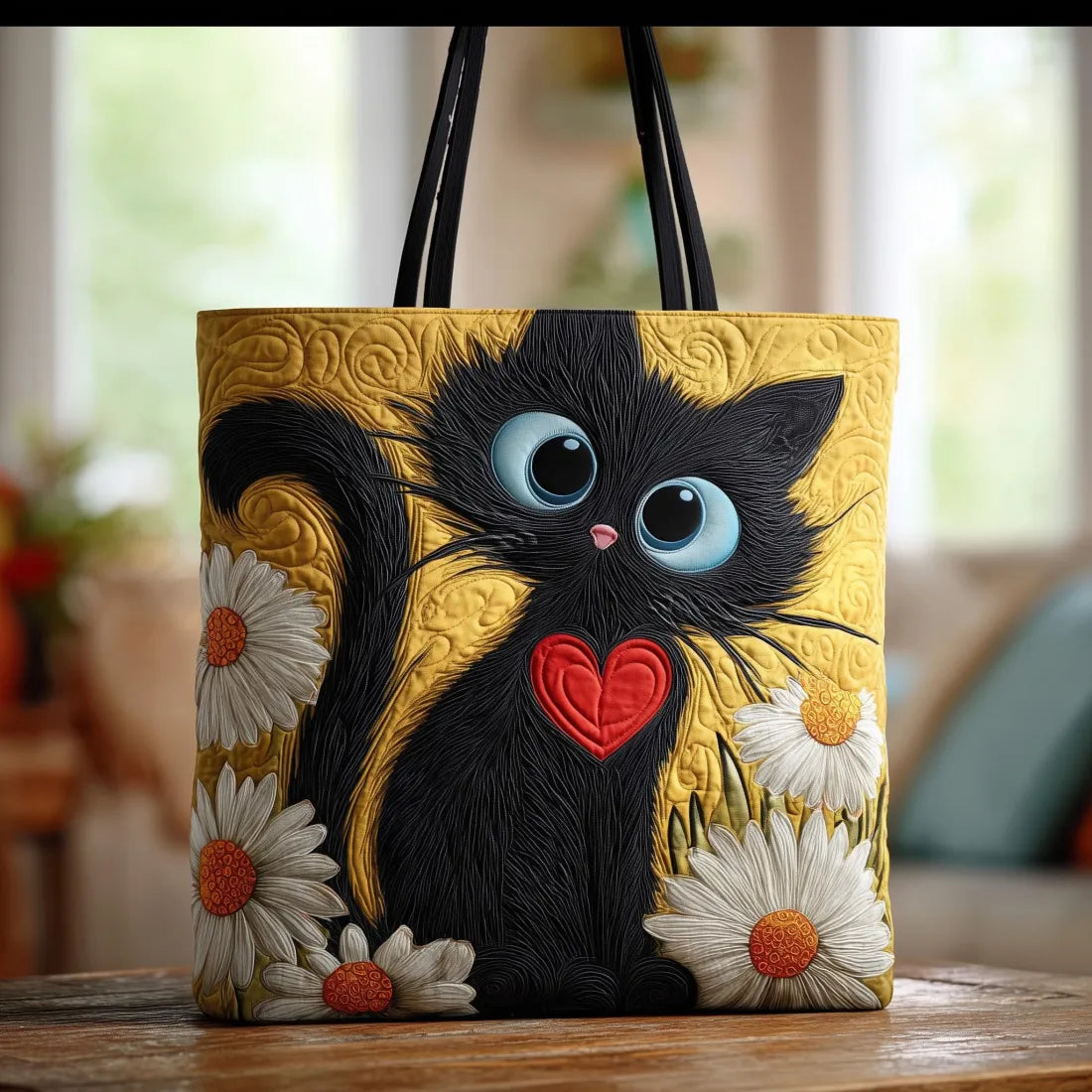 Bluebell – Black Cat with Daisies Handmade Tote Bag