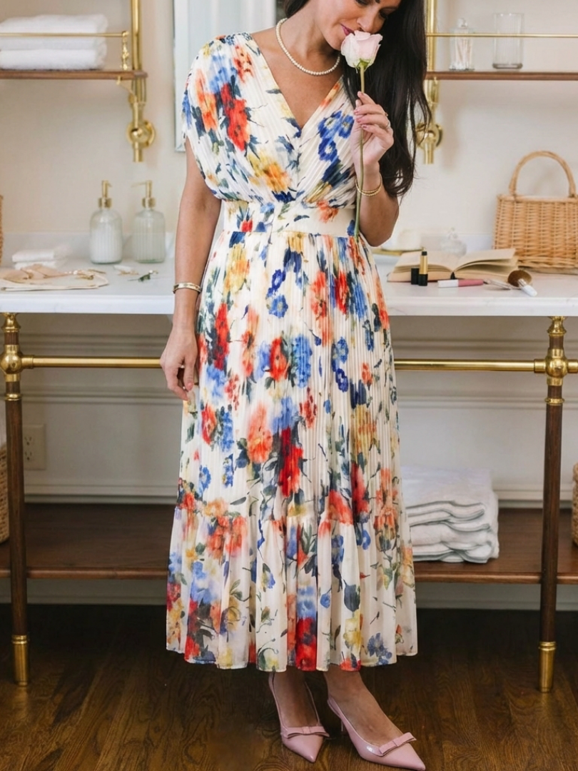 Savana - Pleated V-Neck Midi Dress