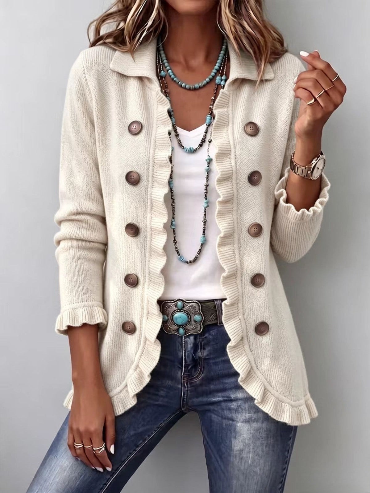 Janine – Ivory Vintage-Inspired Frill Cardigan