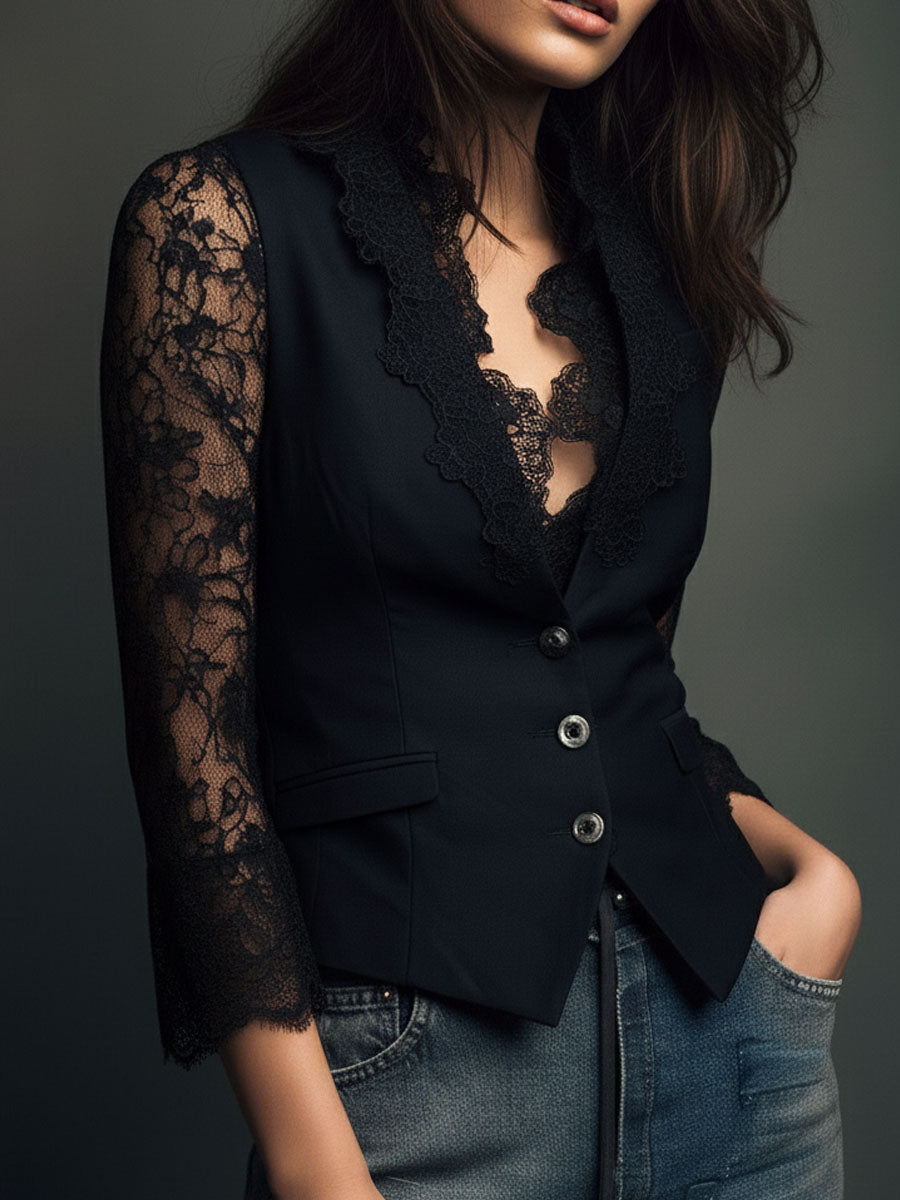 Callie – Black Lace Sleeve Blazer