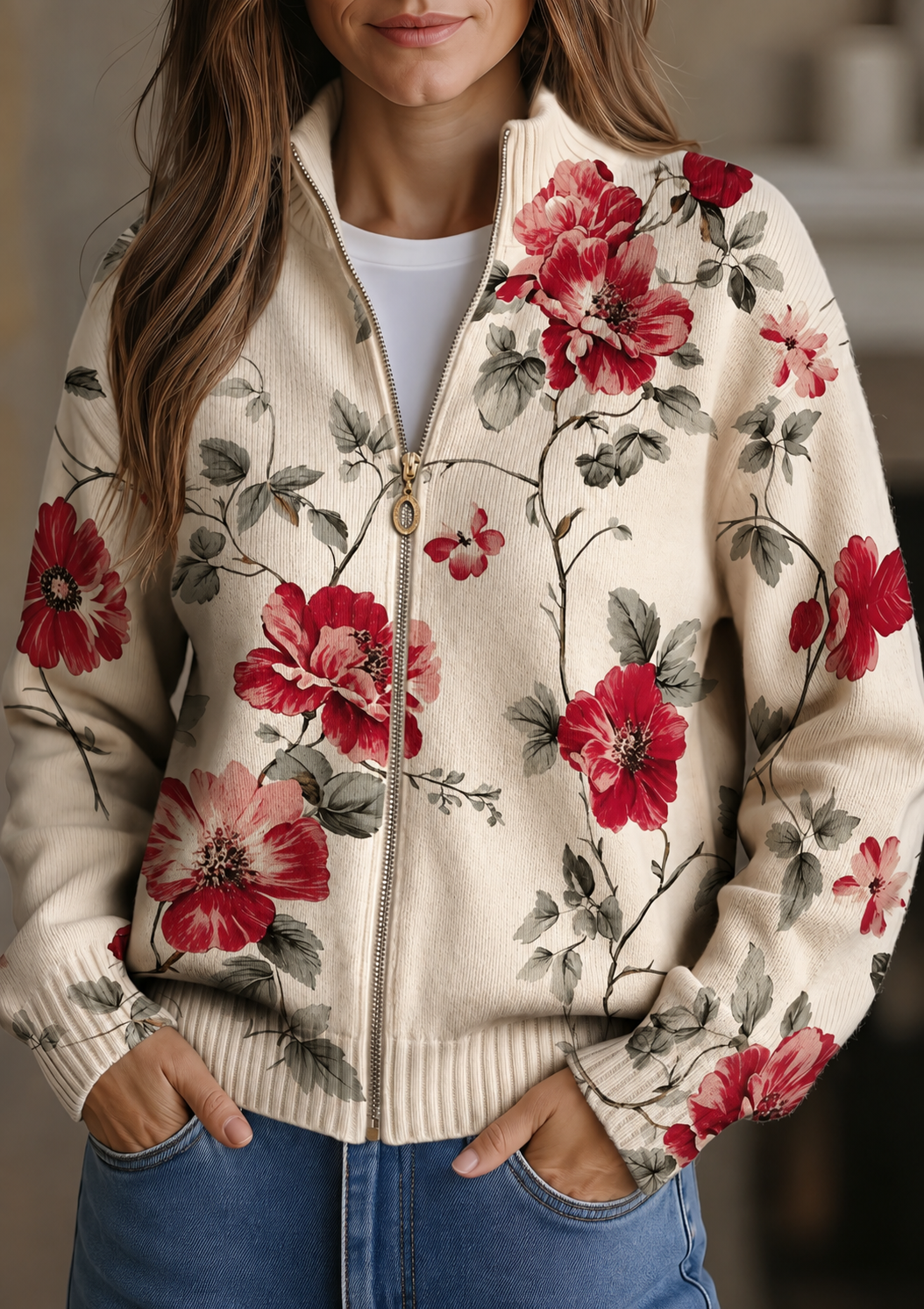 Angelina - Vintage Rose Print Zip Cardigan
