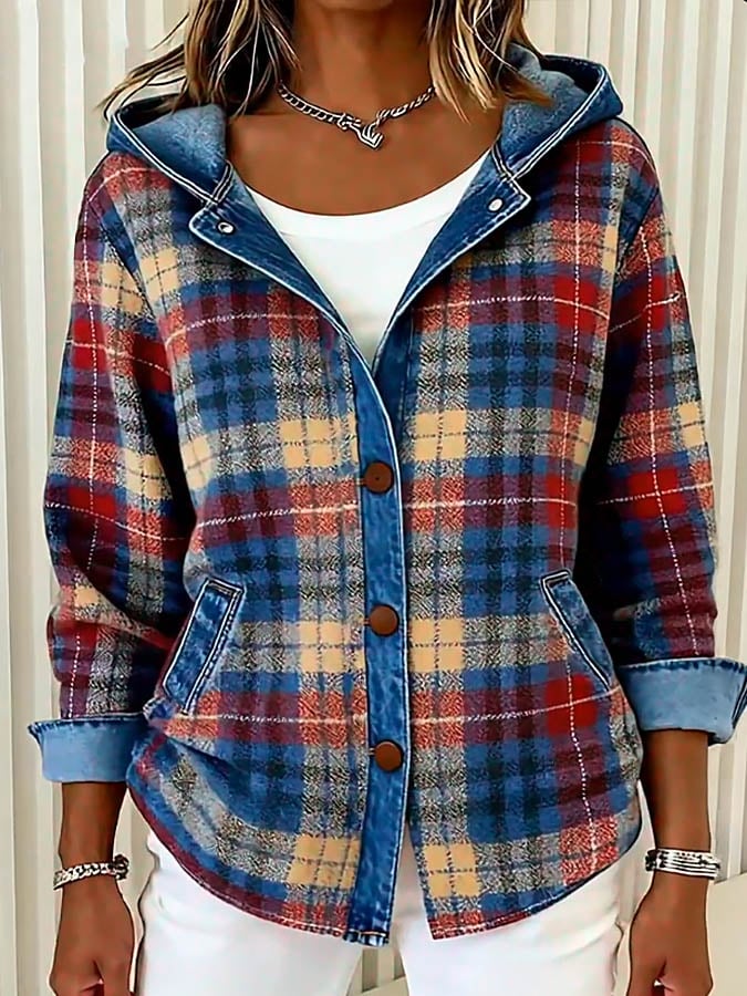 Misty – Denim Jacket with Contrast Plaid Hood