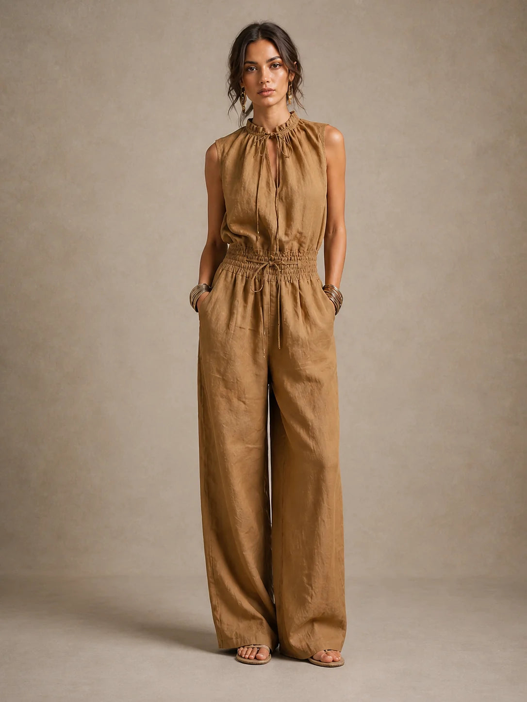 Louisa - Wide Leg Camel Jumpsuit