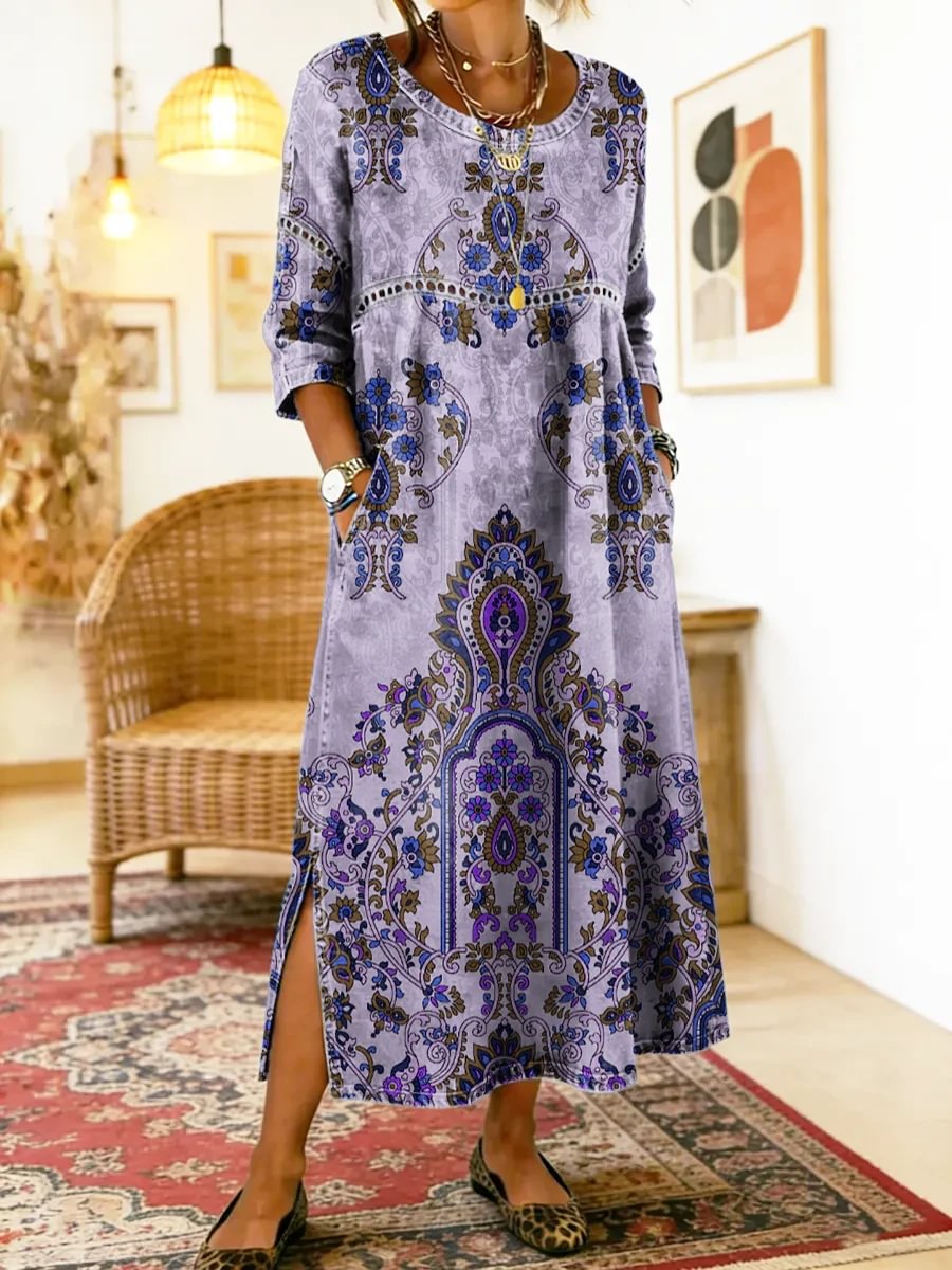 Jonabel - Printed Dress with Ethnic Patchwork