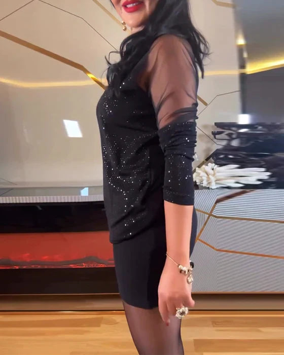 Paula – Short V Neck Mesh Sequin Dress