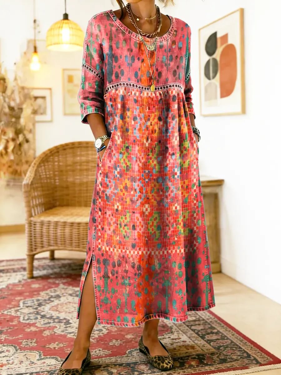 Jessie - Elegant Printed Dress with Ethnic Patchwork