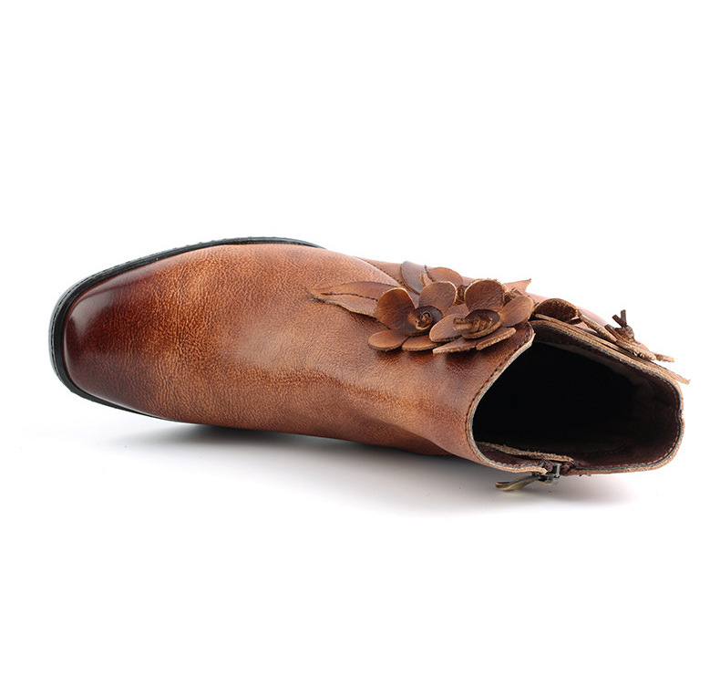 Juliette - Retro Handmade Floral Leather Solid Color Ankle Boots