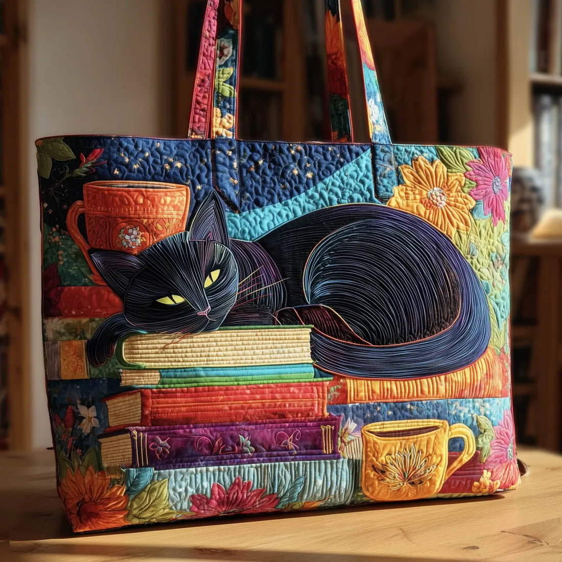 Dolly – Black Cat with Books and Mugs Handmade Tote Bag