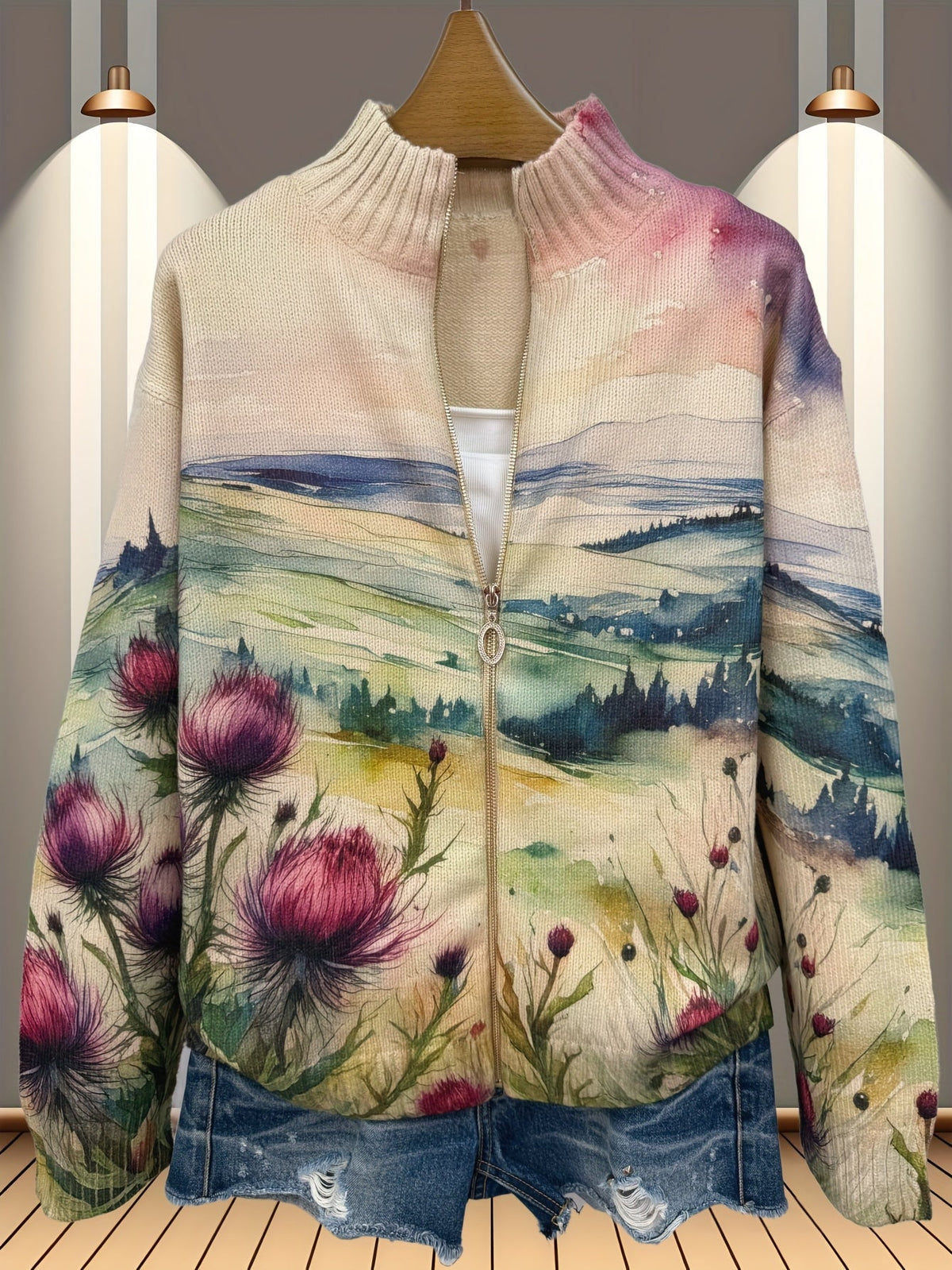 Clarissa - Scottish Thistle Landscape Zip Cardigan