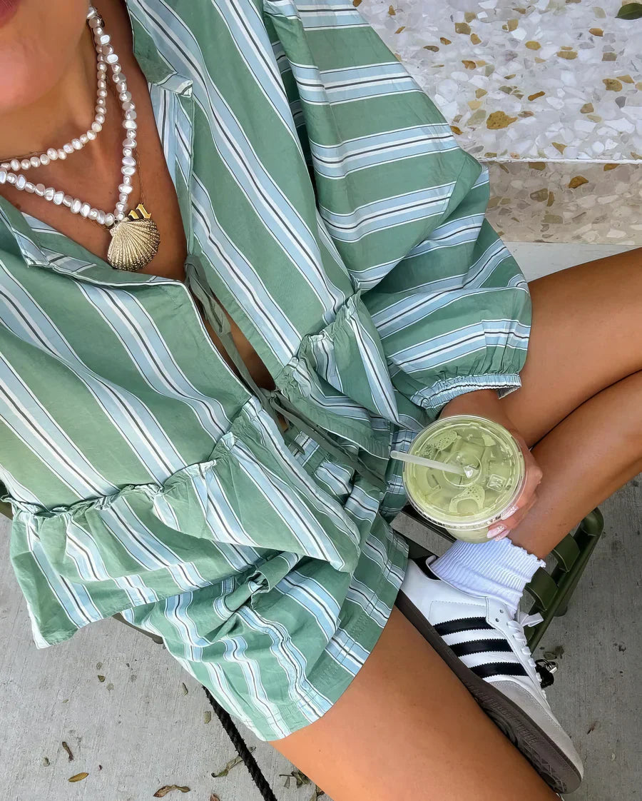 Arizza – Striped Summer Set with Puff Sleeve Top and Shorts Set
