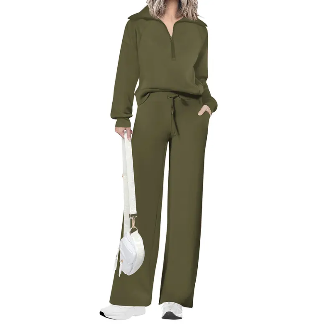 Hazel - Cozy Zip-Up Wide Leg Sweatsuit Set