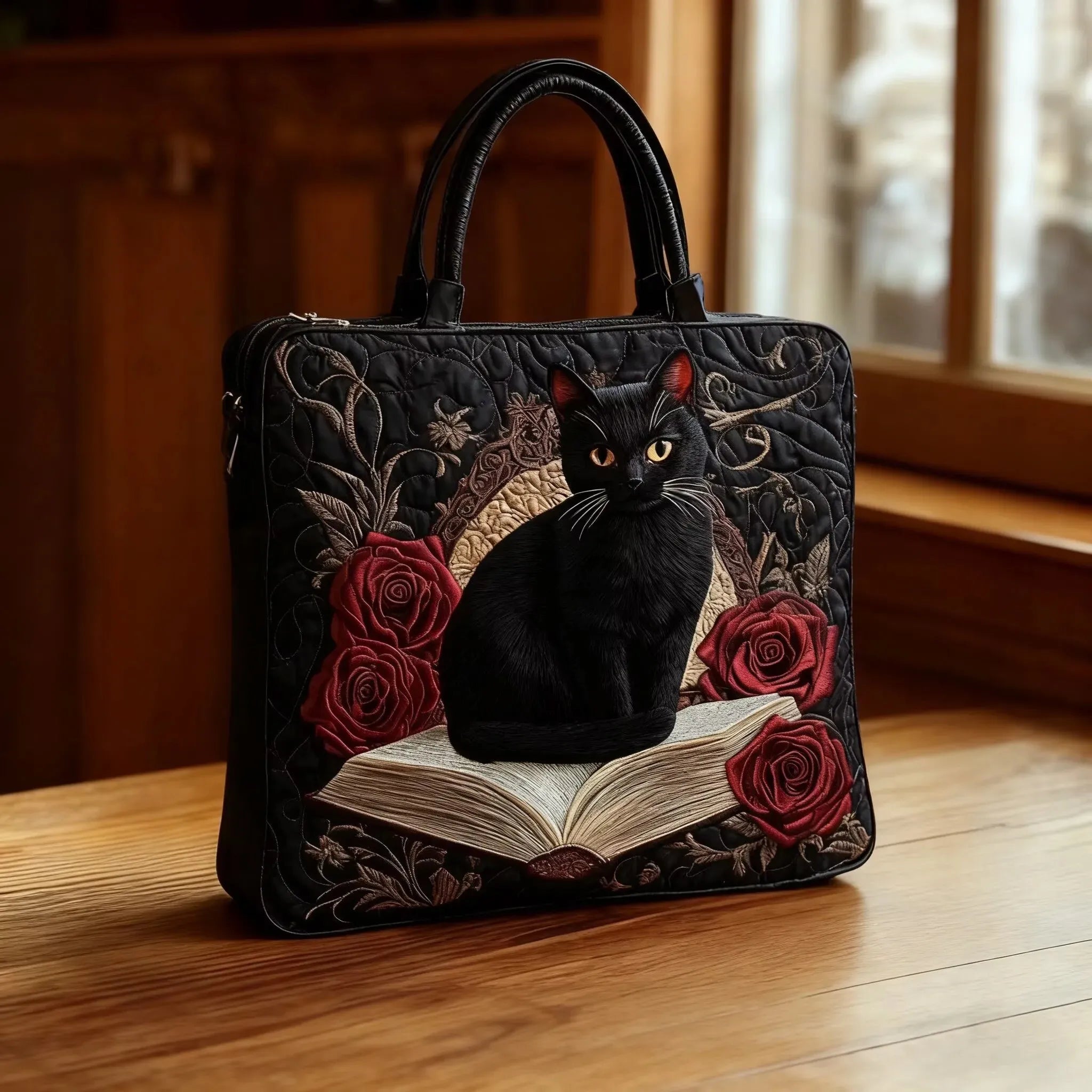 Gigi – Black Cat on Books Handmade Quilted Tote Bag