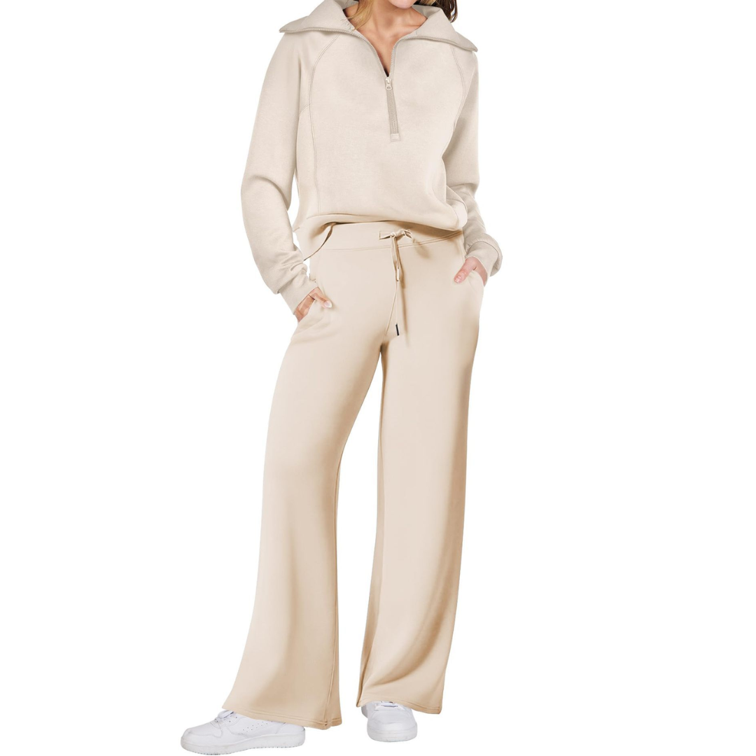 Hazel - Cozy Zip-Up Wide Leg Sweatsuit Set