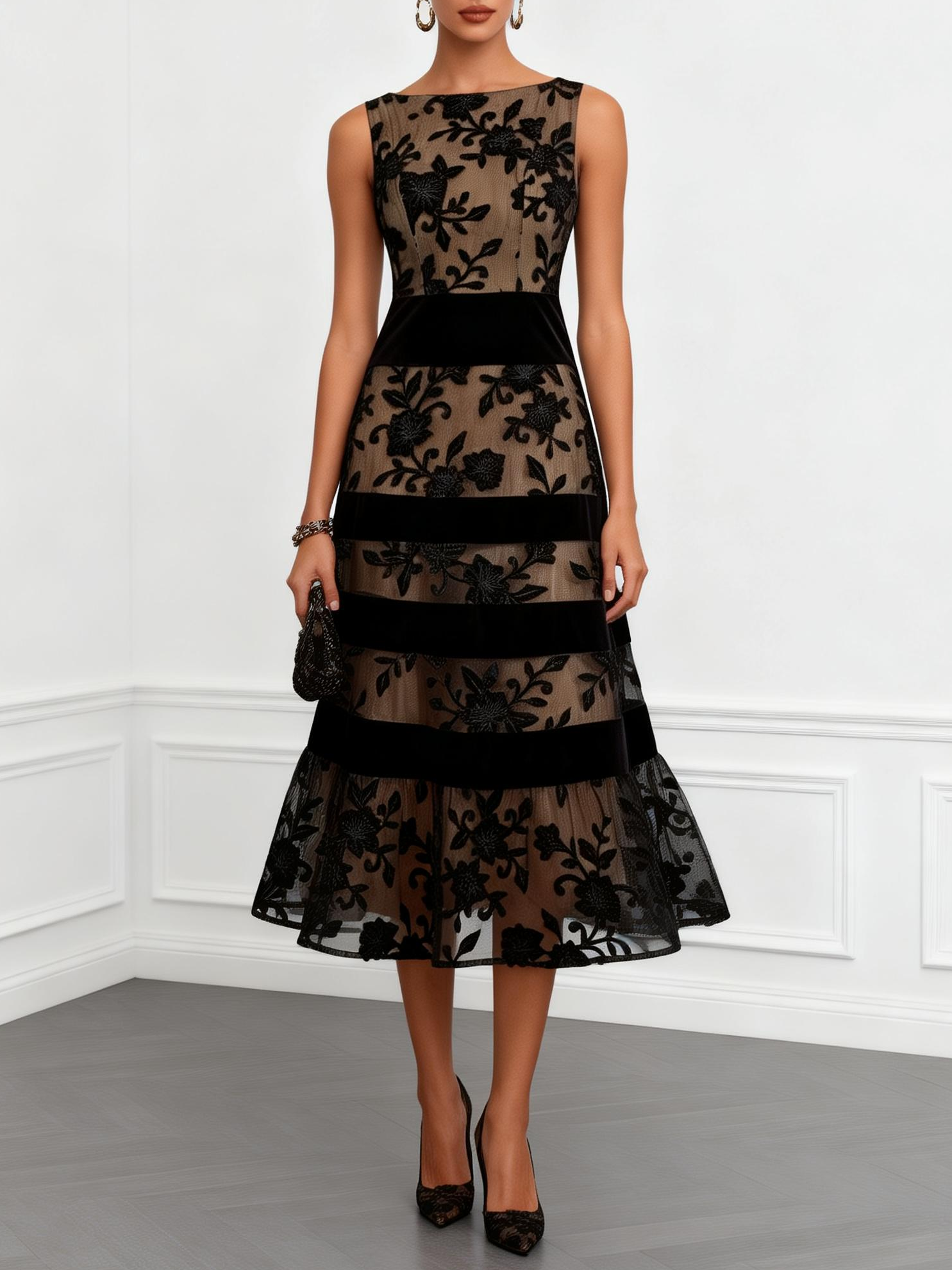 Brenda - Black Mesh Floral Sleeveless A-Line Midi Dress