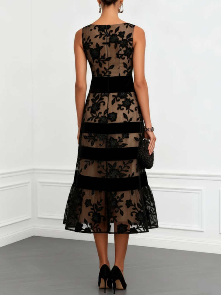 Brenda - Black Mesh Floral Sleeveless A-Line Midi Dress