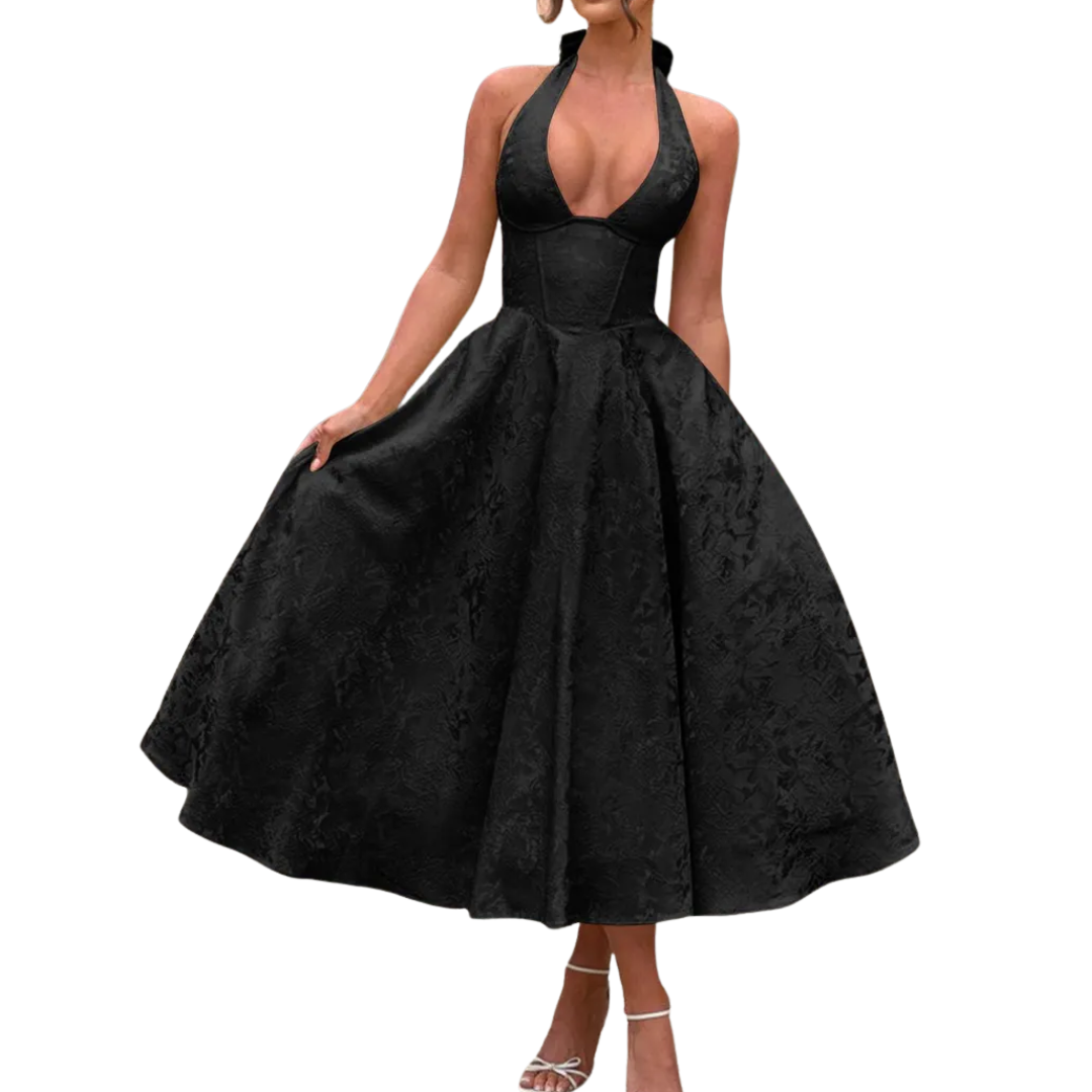 Loraine - Embroidered Halter V-Neck Gown
