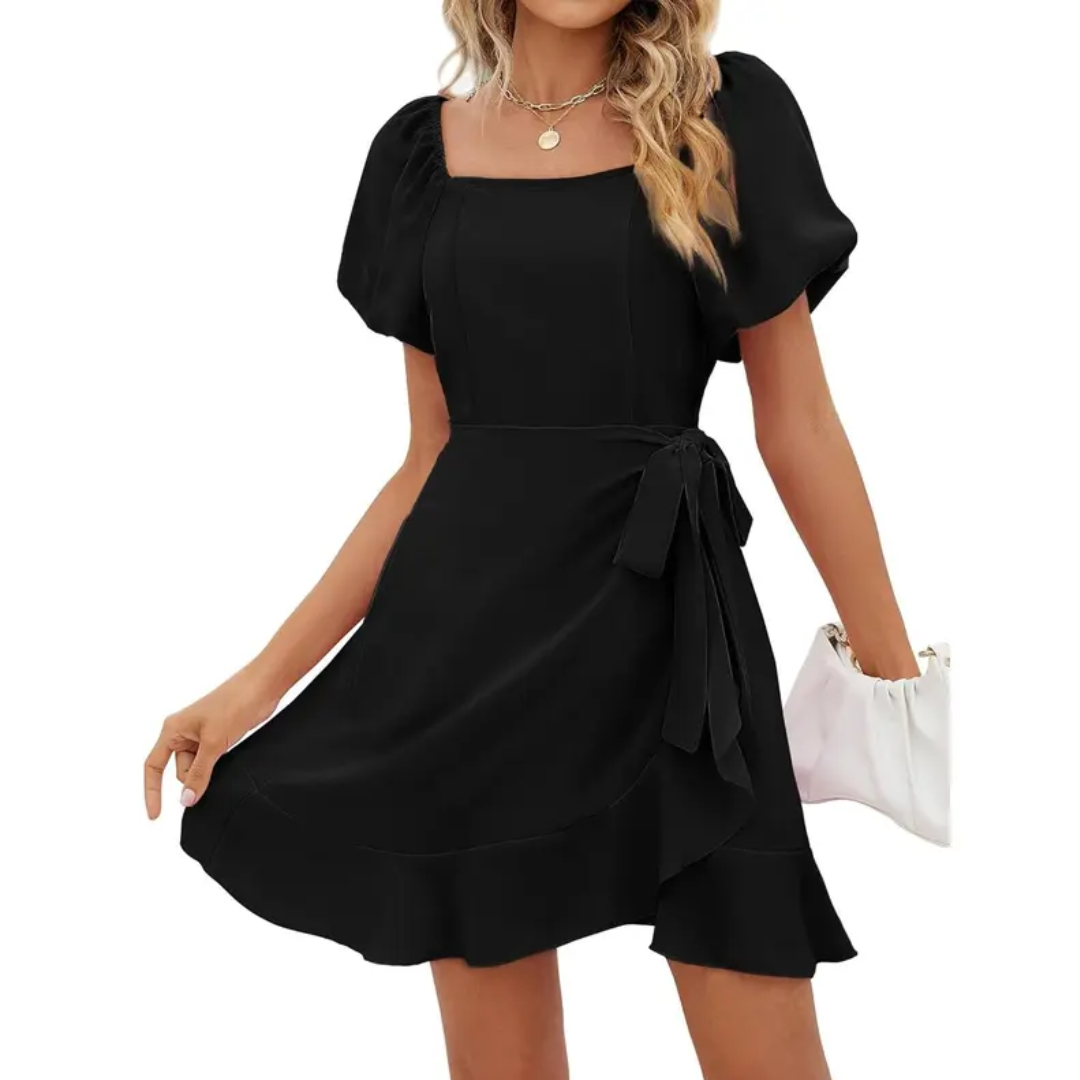 Jonalie - Square Neck Puff Sleeve Tie Waist Summer Dress