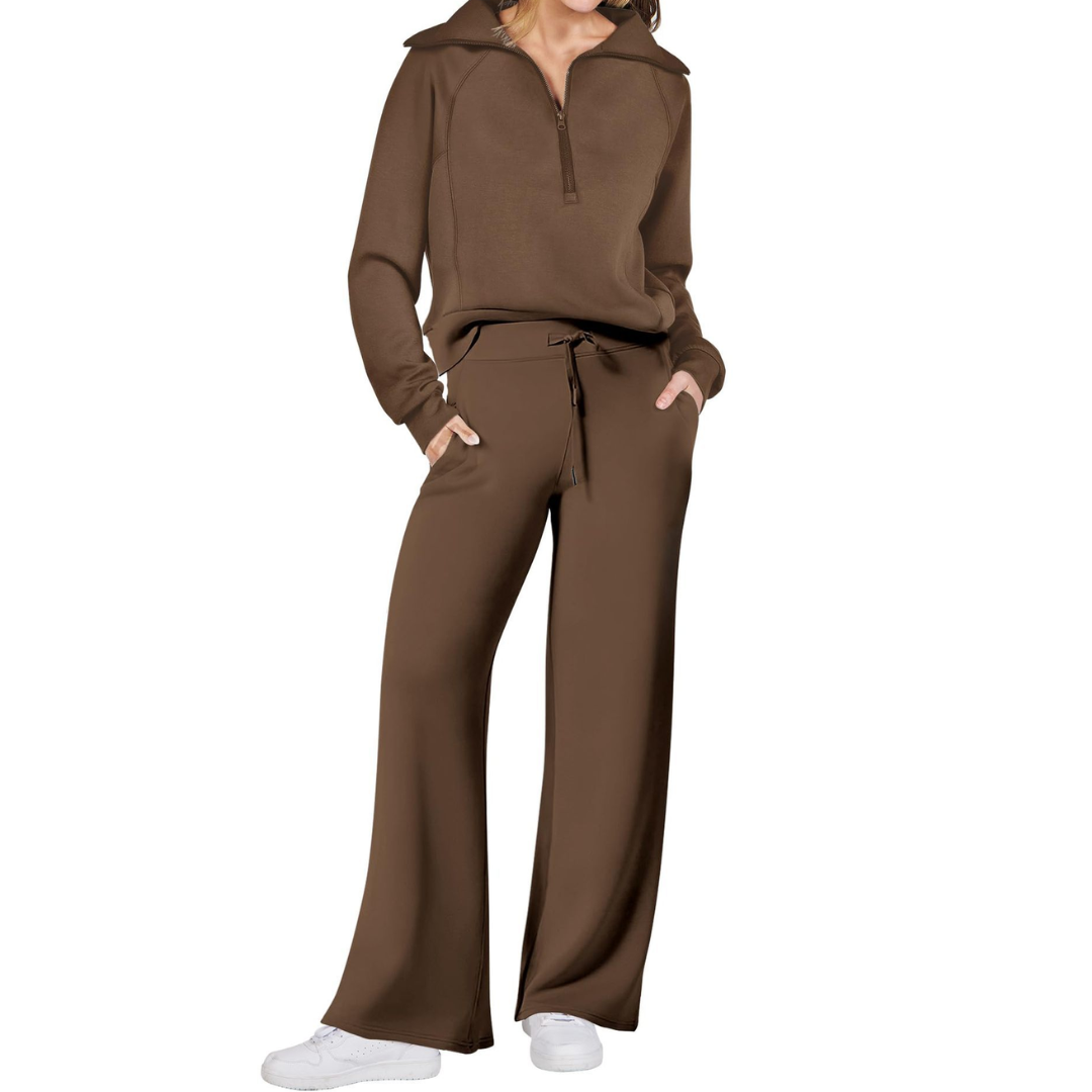 Hazel - Cozy Zip-Up Wide Leg Sweatsuit Set