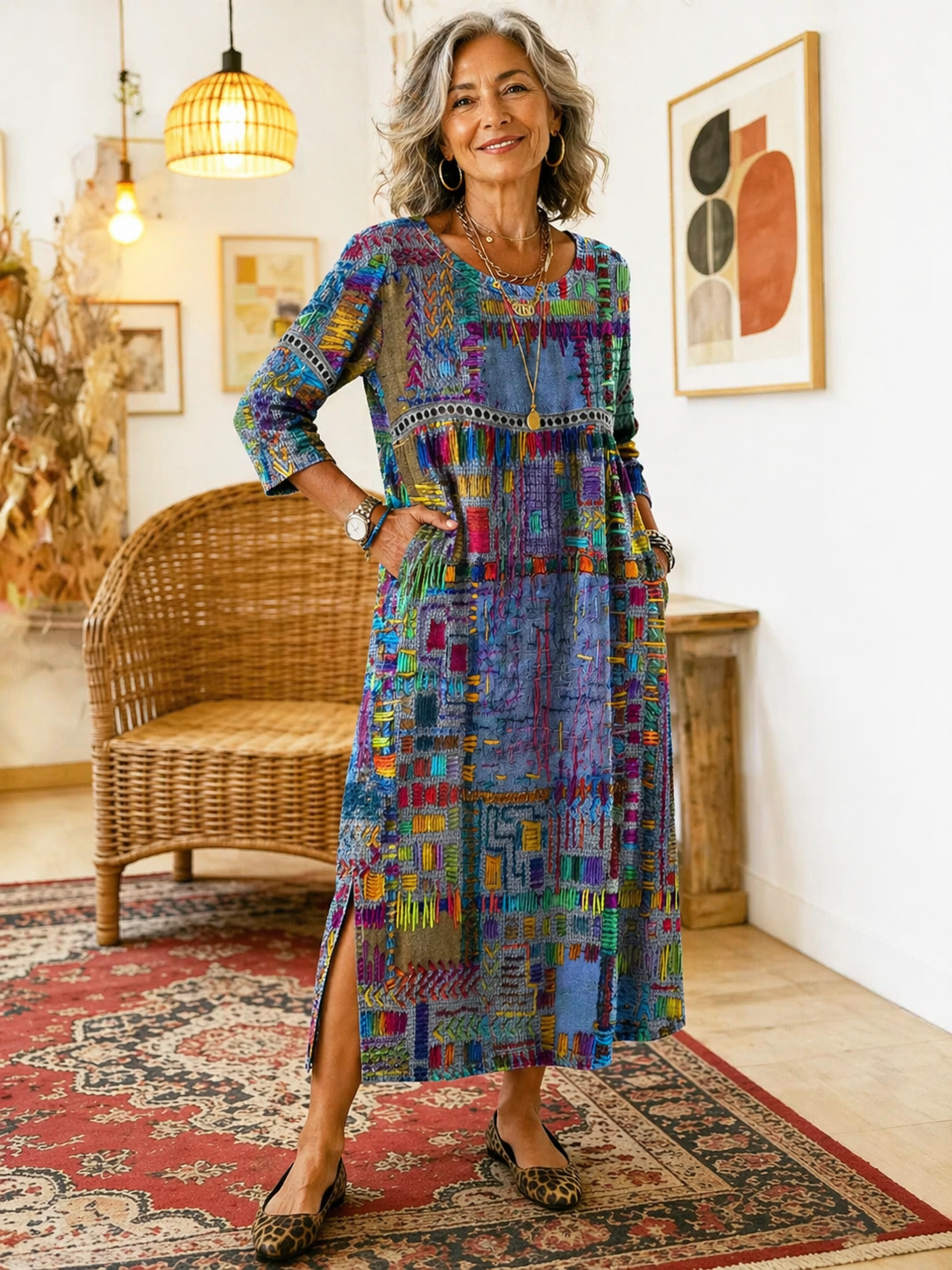 Jecka - Printed Dress with Ethnic Patchwork