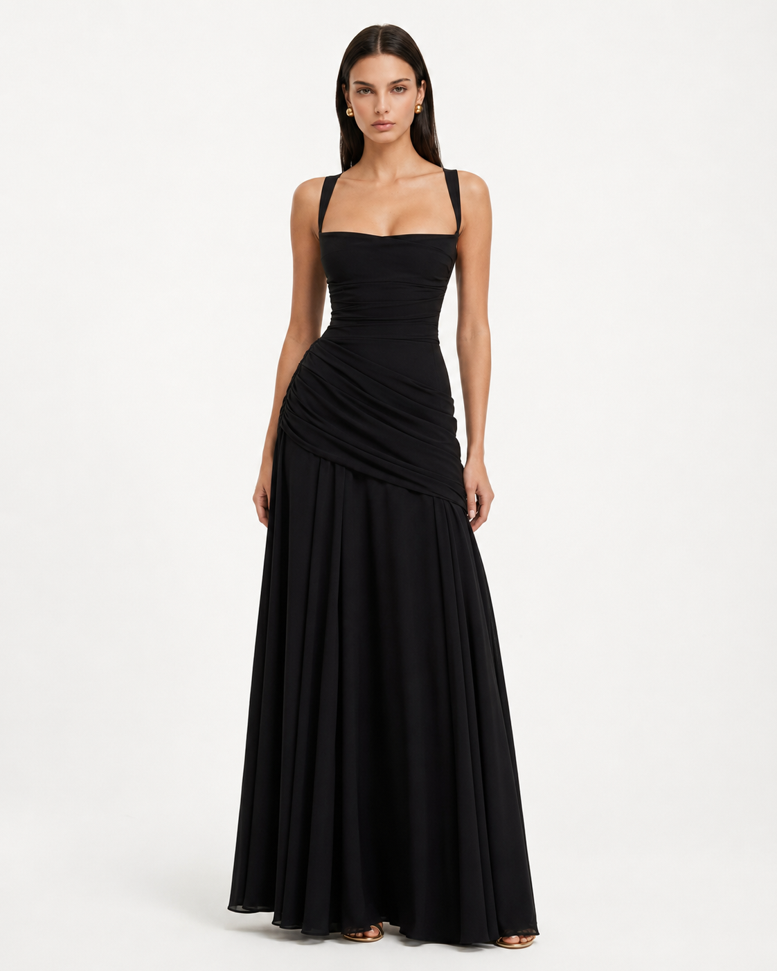 Seri - Ruched Square Neck Maxi Dress