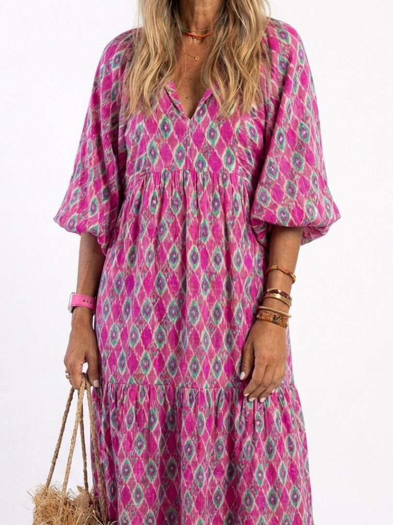 Pauline - Three-Quarter Sleeve V-Neck Midi Dress