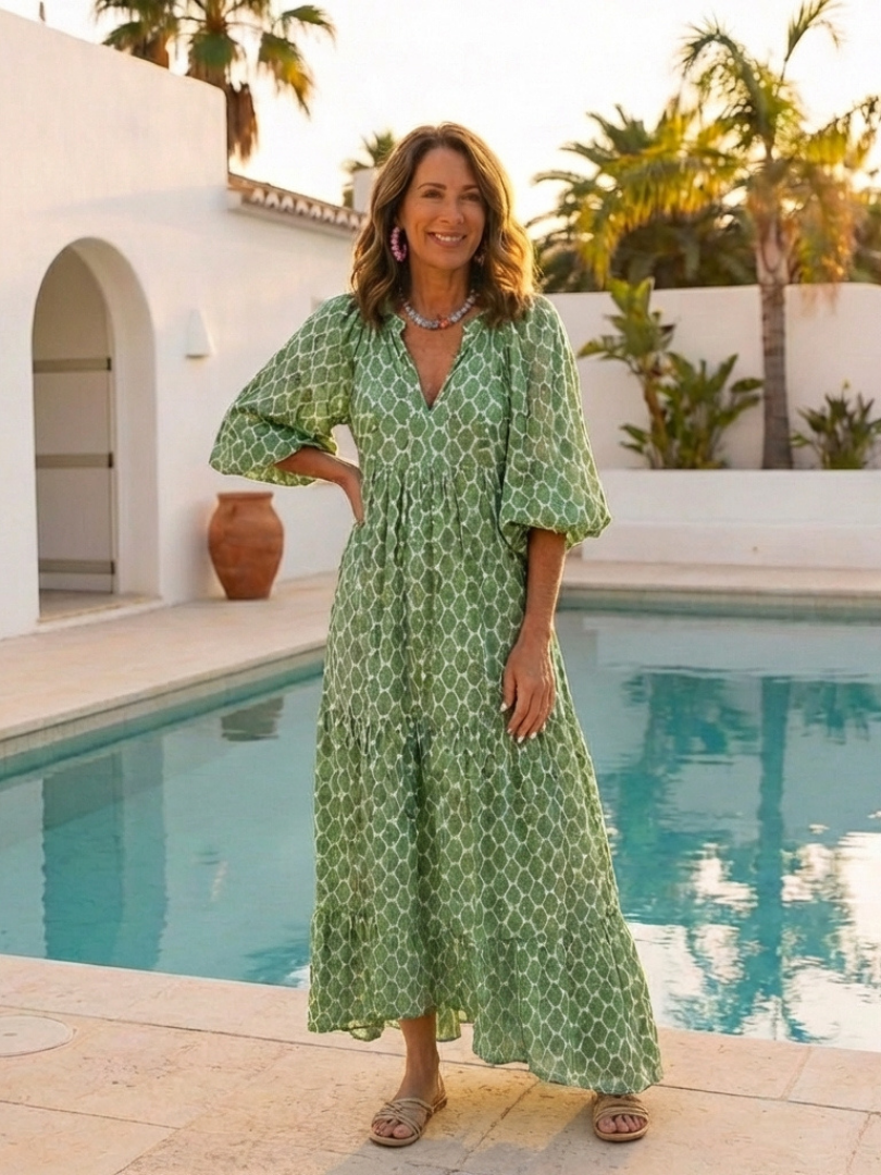 Pauline - Three-Quarter Sleeve V-Neck Midi Dress
