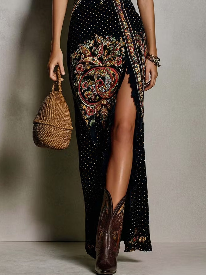 Maria - Bohemian-Style Printed Dress with High Slit