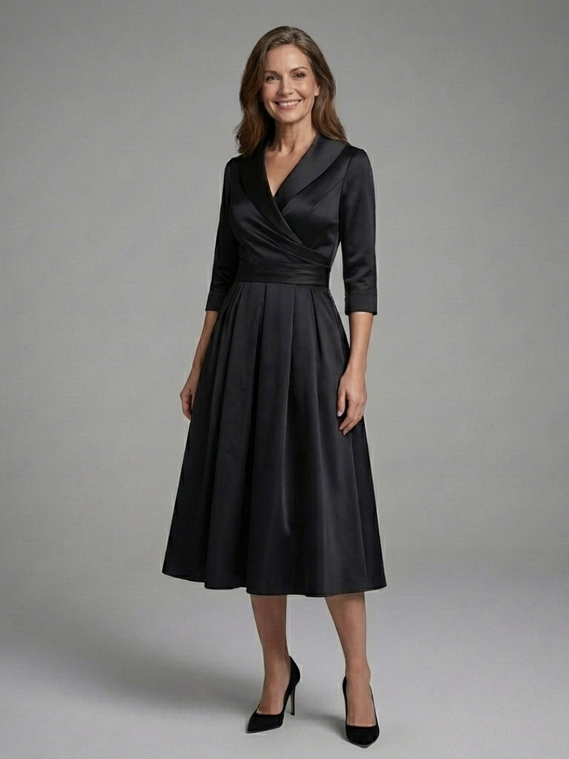 Genivev - Wrap Bodice Midi Dress With Three-Quarter Sleeves