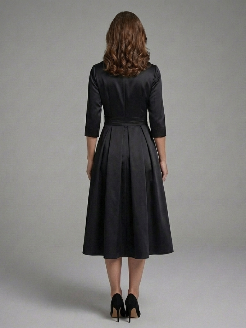 Genivev - Wrap Bodice Midi Dress With Three-Quarter Sleeves