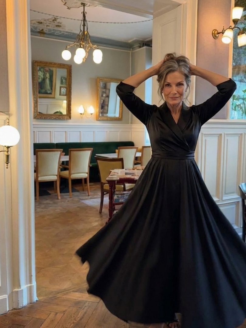 Genivev - Wrap Bodice Midi Dress With Three-Quarter Sleeves