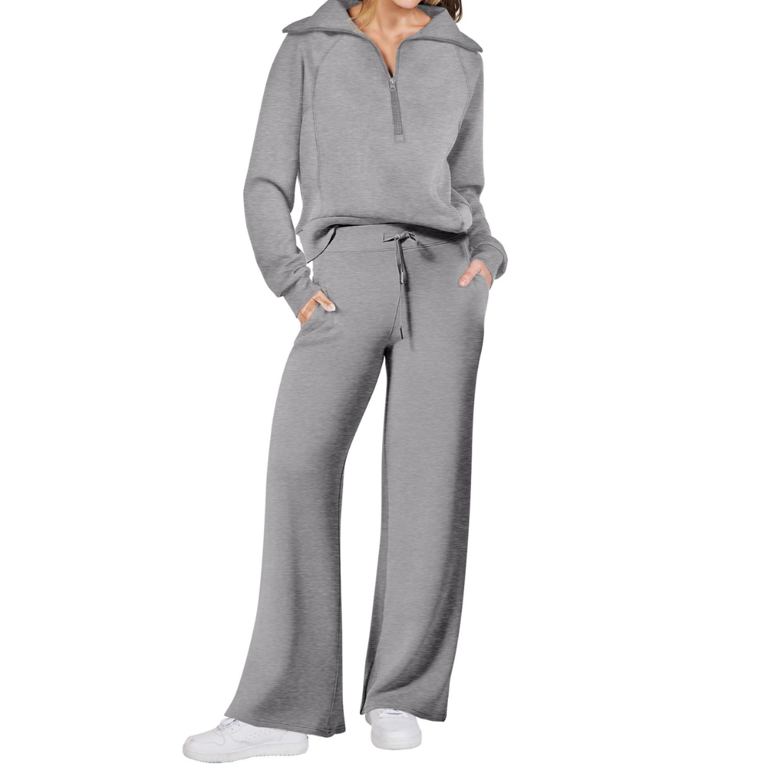 Hazel - Cozy Zip-Up Wide Leg Sweatsuit Set
